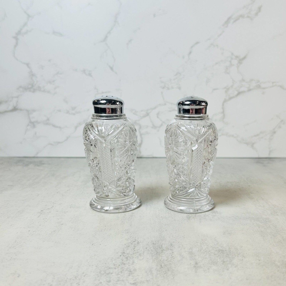 Vintage PAIR OF CUT GLASS, PRESSED GLASS SALT & PEPPER SHAKERS